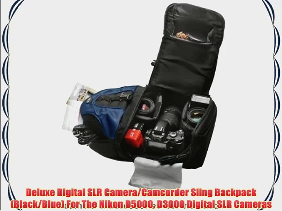 Deluxe Digital SLR Camera/Camcorder Sling Backpack (Black/Blue) For The Nikon D5000 D3000 Digital