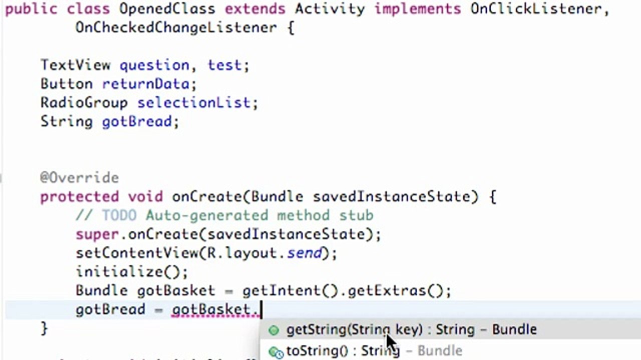 Android Application Development - 48 - Recieving Bread String from Activity