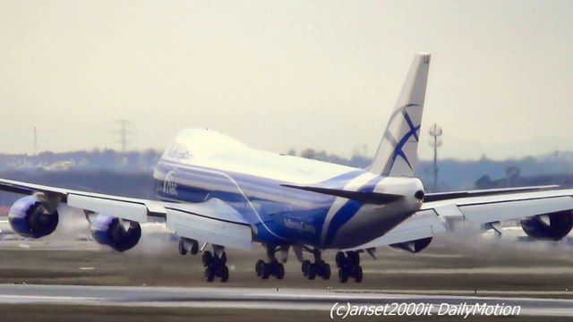 Boeing 747-8 Freighter Air Bridge Cargo Landing in Frankfurt Airport on Rainy Runway. Reg: VQ-BLQ. Plane Spotting