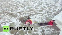 Así rescataron a un perro que se ahogaba en aguas heladas