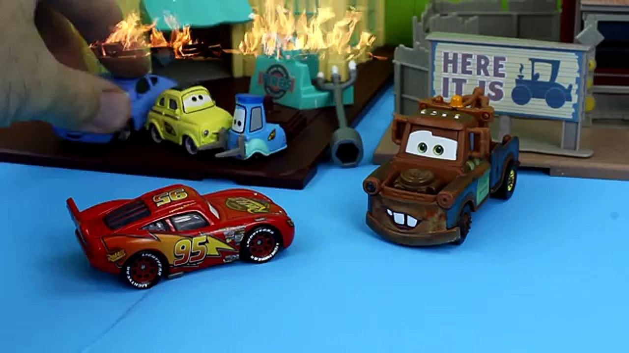 Disney Pixar Cars Lightning McQueen & Mater as Rescue Squad Team save Radiator Springs on fire