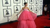 GRAMMY's: Rihanna hits the red carpet in a huge pink dress