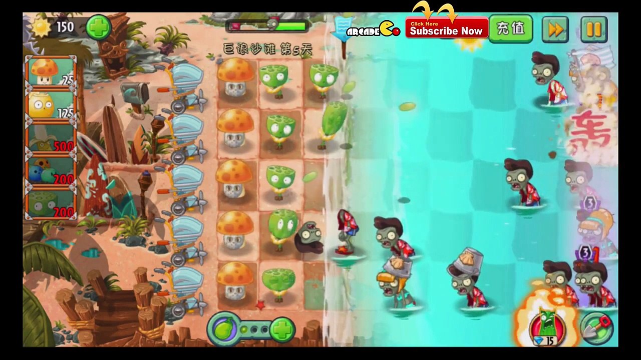 Plants Vs Zombies 2  NEW WORLD MAX Level Lotus Fire Rocket Big Wave Beach Day 5