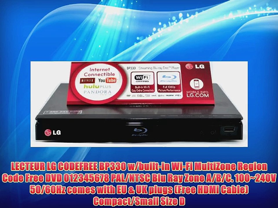 LECTEUR LG CODEFREE BP330 w/built-in Wi-Fi MultiZone Region Code Free DVD 012345678 PAL/NTSC