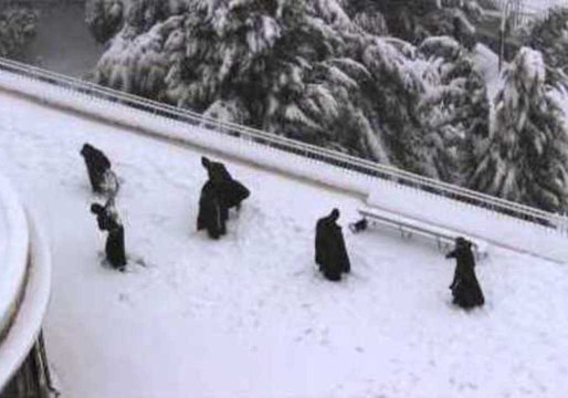Monks Have Snowball Fight Outside Jerusalem Monastery