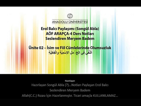 ARA2002 ARAPÇA IV 2. Ünite ErolBalcı Ders Notları İsim ve Fiil Cümlelerinde Olumsuzluk