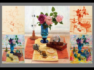 Jiro　motoyama : The rose was arranged in a blue vase Oil painting work process movie 1 min 50 sec