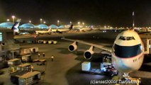 Boeing 747-400. Night Pushback at Gate. Hong Kong International Airport