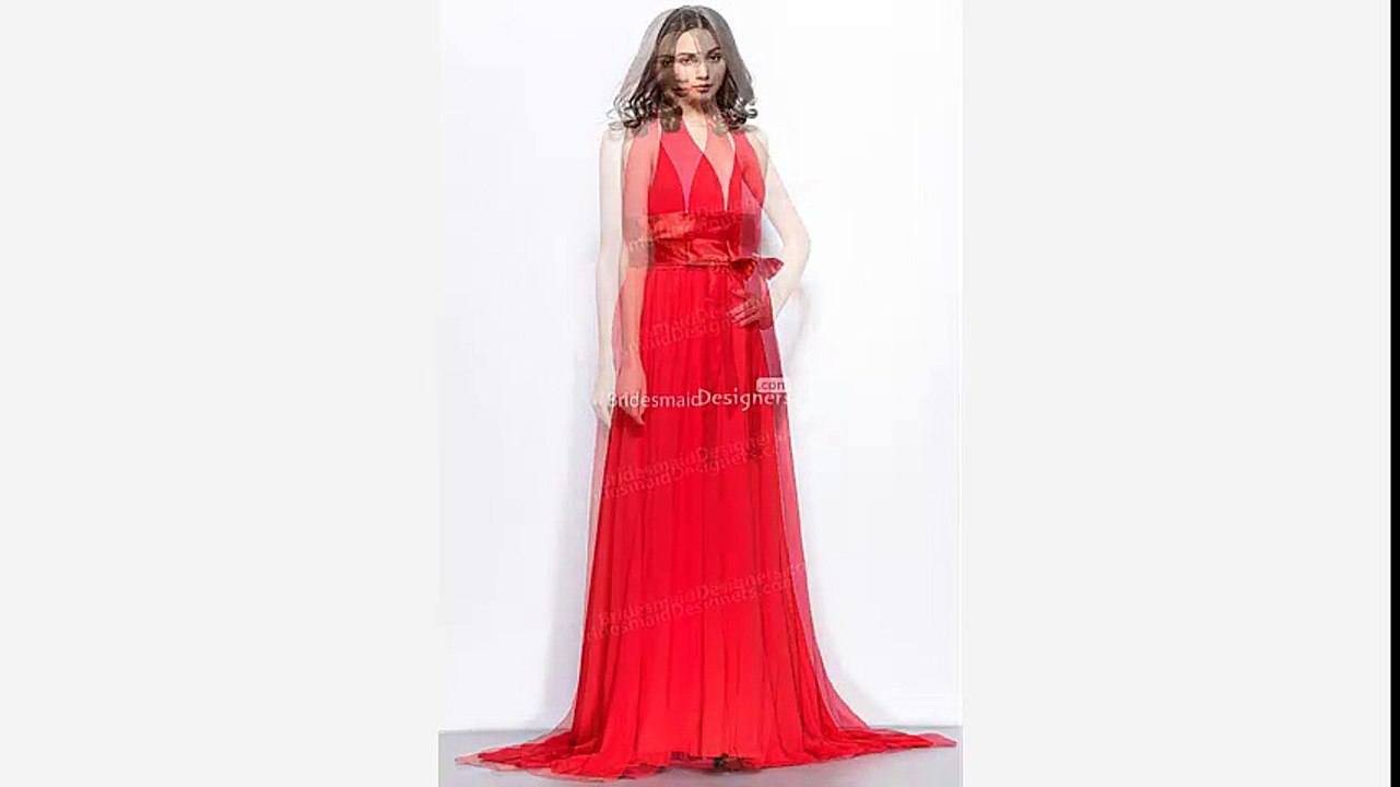 Ruby Plunging Halter V-neck Floor Length Formal Bridesmaid Dress with Bowknot