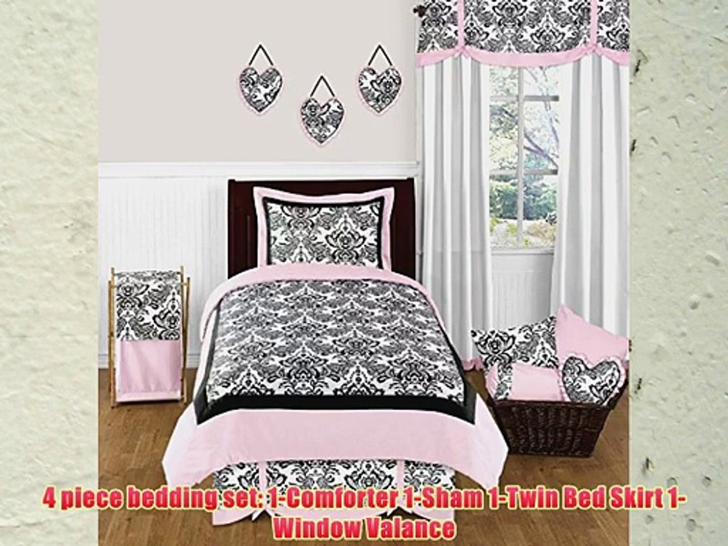 ⁣Pink and Black Sophia Childrens Bedding 4 Piece Girls Twin Set