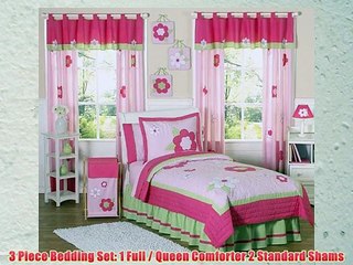Pink and Green Flower Collection Children and Kids 3 Piece Full / Queen Girls Bedding Set