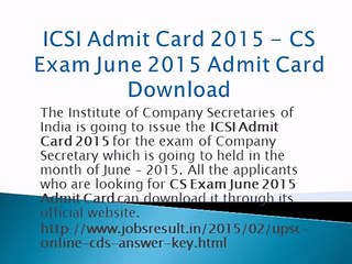 ICSI Admit Card 2015 - CS Exam June 2015 Admit Card Download