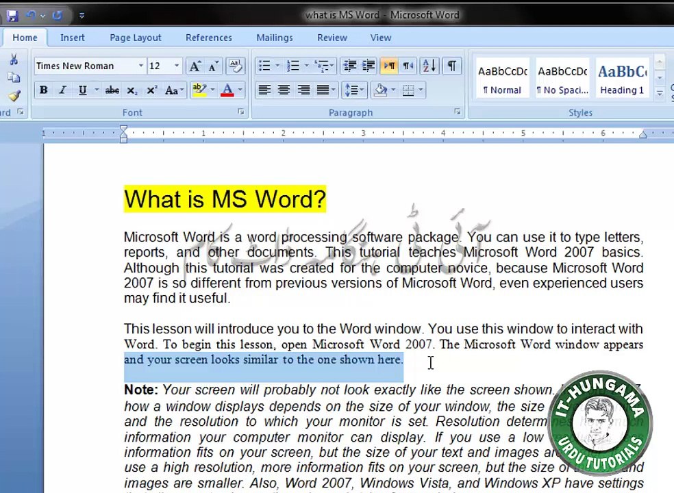 #3 Font selction (Microsoft Office Word 2007 Tutorial) Urdu & Hindi