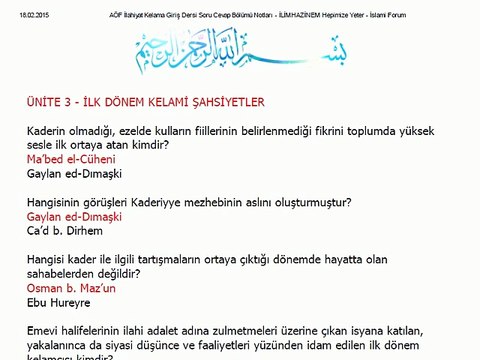 İLH2007 03.Ünite Soru-Cevap Etkinliği Soruları KELAMA GİRİŞ İlk Dönem Kelami Şahsiyetler
