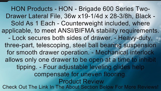 HON Products - HON - Brigade 600 Series Two-Drawer Lateral File, 36w x19-1/4d x 28-3/8h, Black - Sold As 1 Each - Counterweight included, where applicable, to meet ANSI/BIFMA stability requirements. - Lock secures both sides of drawer. - Heavy-duty, three