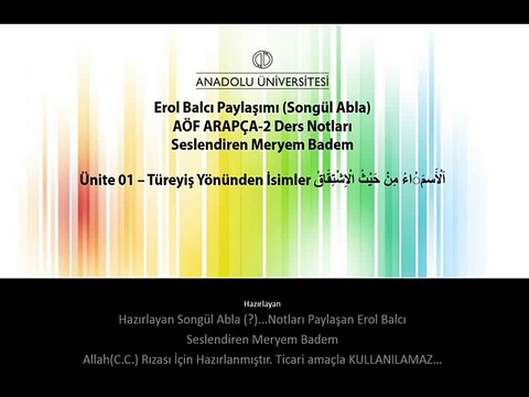 ARA1002 ARAPÇA II 1. Ünite ErolBalcı Ders Notları Türeyiş Yönünden İsimler