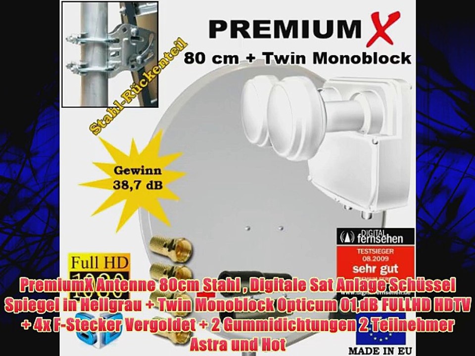 PremiumX Antenne 80cm Stahl  Digitale Sat Anlage Sch?ssel Spiegel in Hellgrau   Twin Monoblock