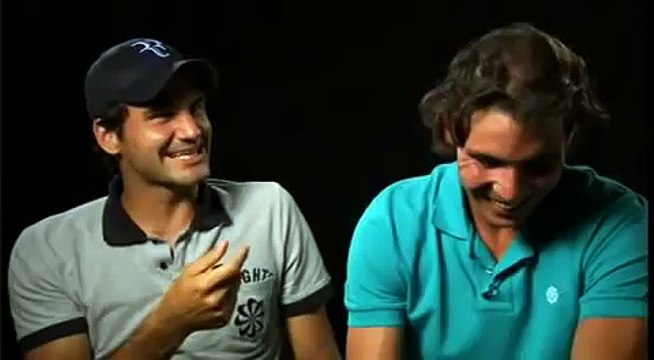 Roger Federer and Rafa Nadal can't stop laughing at the tv spot. funny!