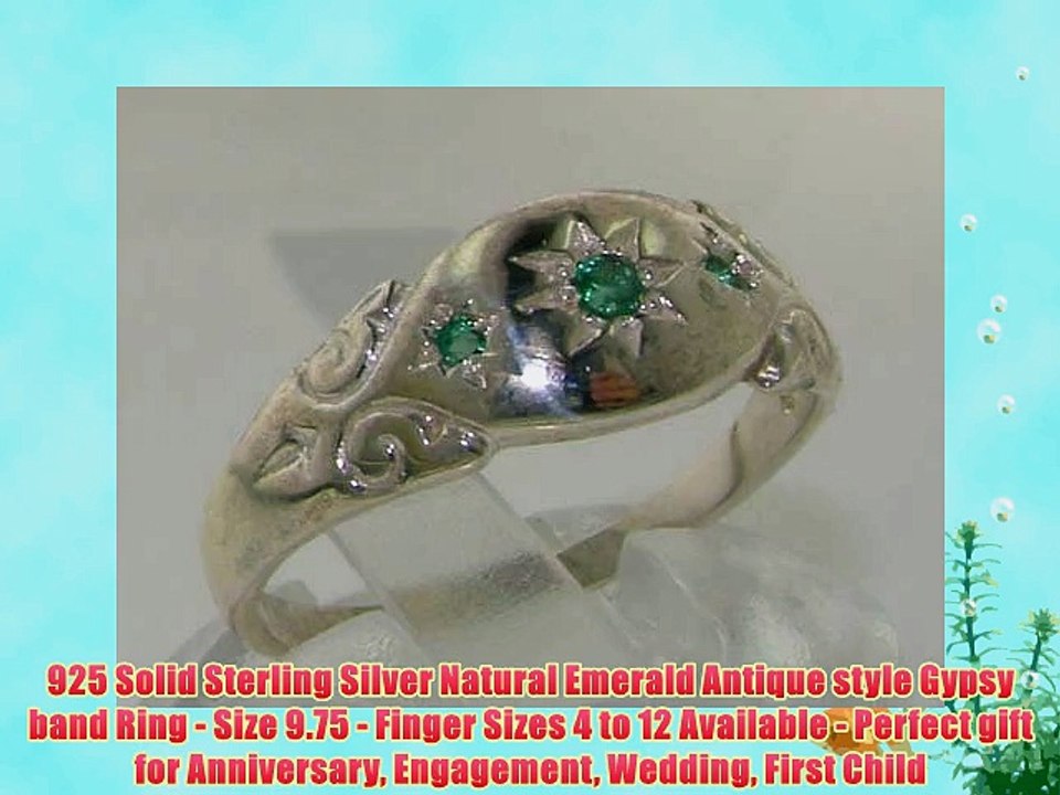 925 Solid Sterling Silver Natural Emerald Antique style Gypsy band Ring - Size 9.75 - Finger