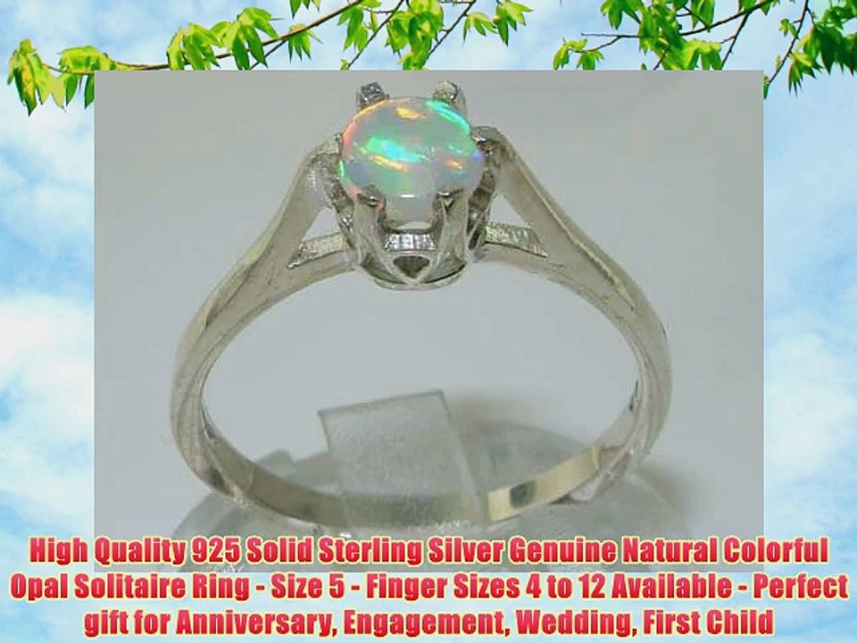 High Quality 925 Solid Sterling Silver Genuine Natural Colorful Opal Solitaire Ring - Size