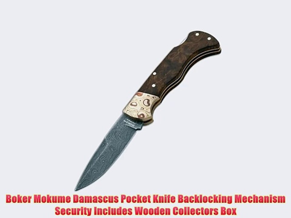 Boker Mokume Damascus Pocket Knife Backlocking Mechanism Security Includes Wooden Collectors