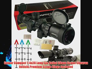 Sniper Compact 1-4x28 Long Eye Relief 30mm Scope Chevron Reticle Premium Scope Rings Included