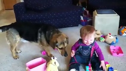 Le bébé qui rit des bulles et du chien
