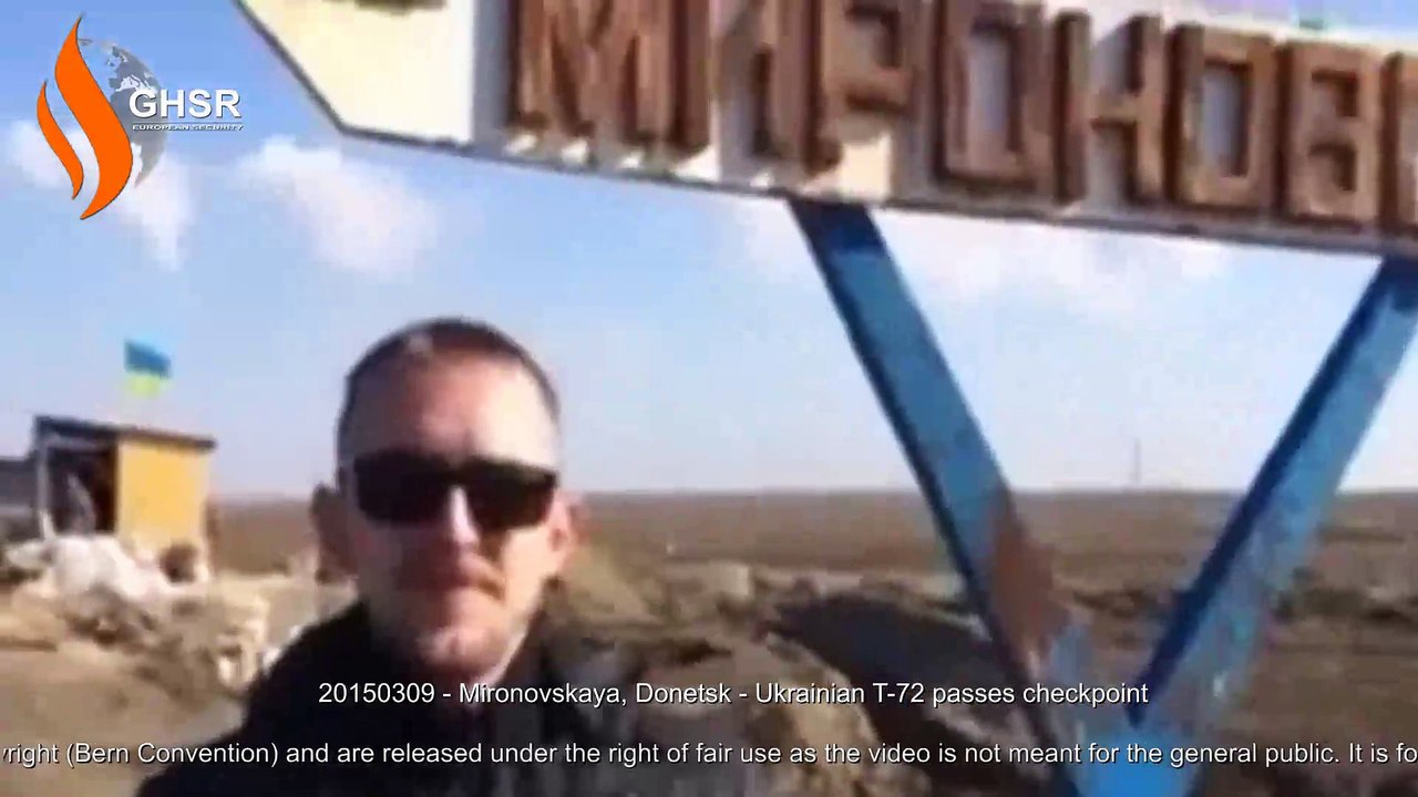 20150309 - Mironovskaya, Donetsk - Ukrainian T-72 passes checkpoint