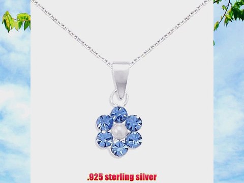 Blue Crystal and Simulated Pearl Flower Necklace Childrens Teens Sterling Silver 16IN