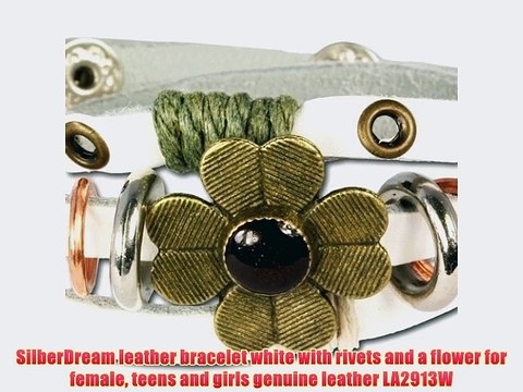 SilberDream leather bracelet white with rivets and a flower for female teens and girls genuine