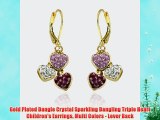 Gold Plated Dangle Crystal Sparkling Dangling Triple Heart Children's Earrings Multi Colors
