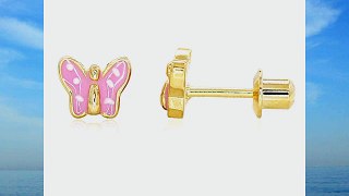 14k Gold Plated Pink Polkadots Baby Children Screw Back Butterfly Earrings 4mm