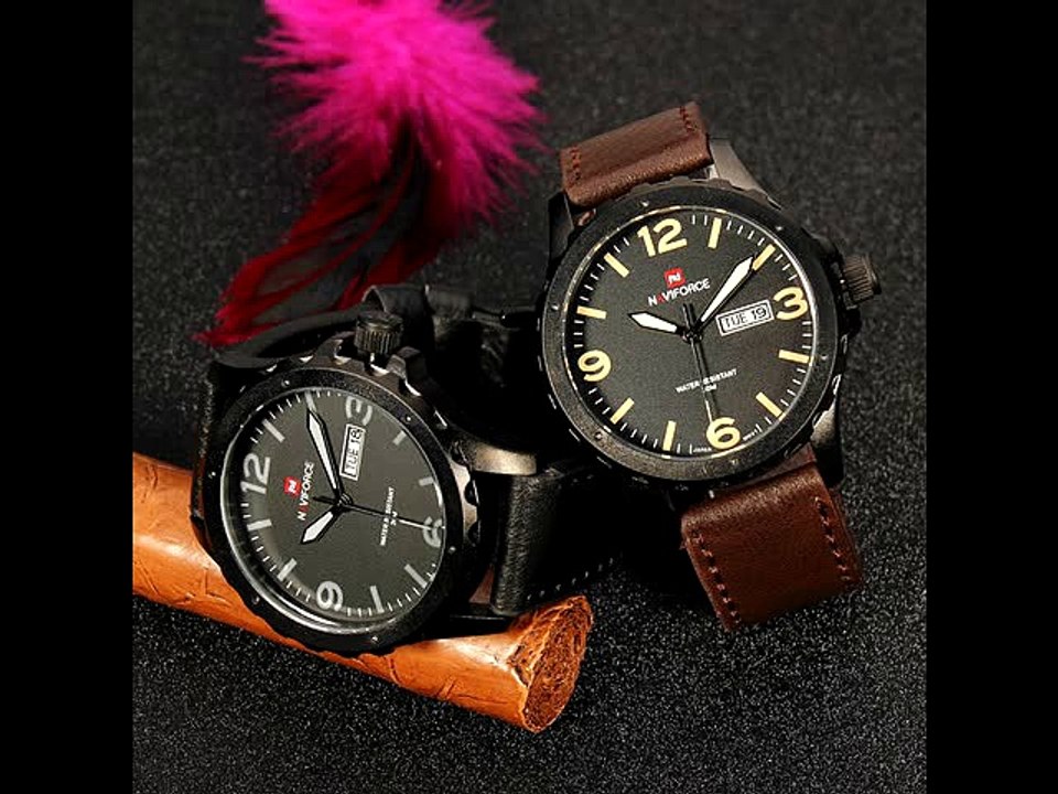 Naviforce NF9039M Military PU Leather Week Date Men Wrist Watch