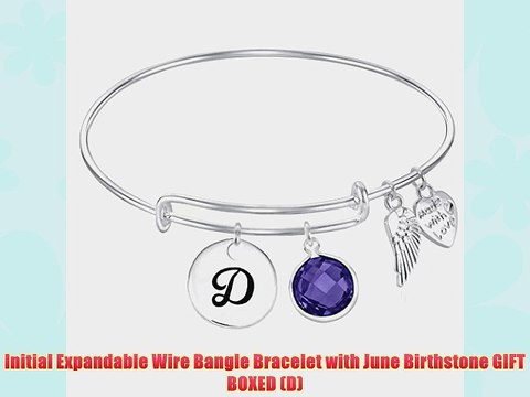 Initial Expandable Wire Bangle Bracelet with June Birthstone GIFT BOXED (D)