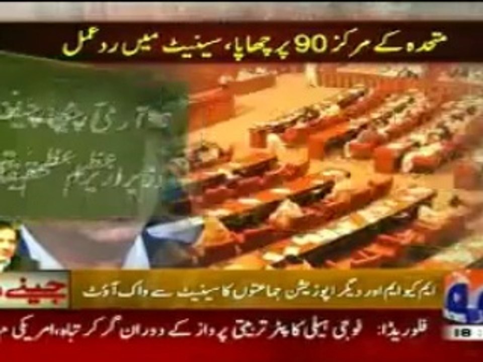 MQM Protes in Senate against Rangers Raid on Nine Zero