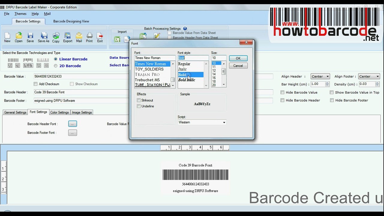 Code 39 font type using to generate barcode labels