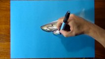 Drawing Time Lapse_ a cute shark - art on blue paper