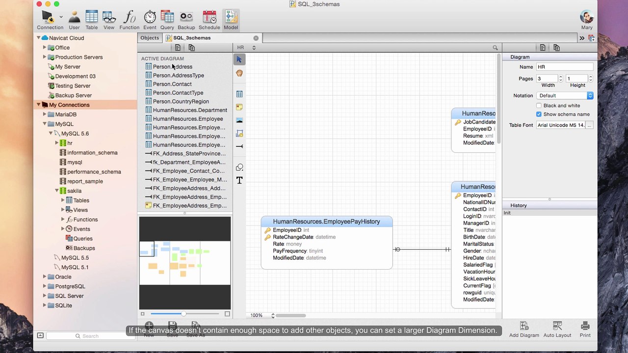 How to adjust page setup, diagram dimension and printing for your model in Navicat? (mac)