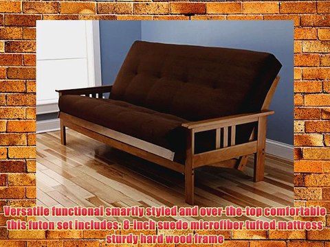 Andover Full Size Futon Sofa Bed Honey Oak Wood Frame Suede Innerspring Mattress Chocolate