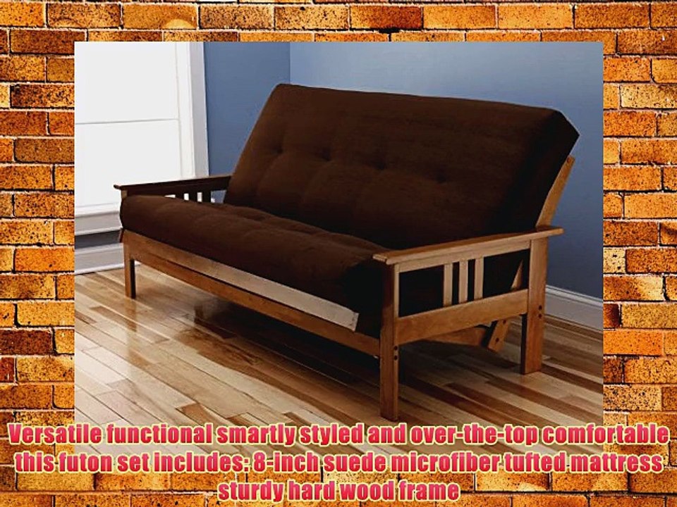 Andover Full Size Futon Sofa Bed Honey Oak Wood Frame Suede Innerspring Mattress Chocolate