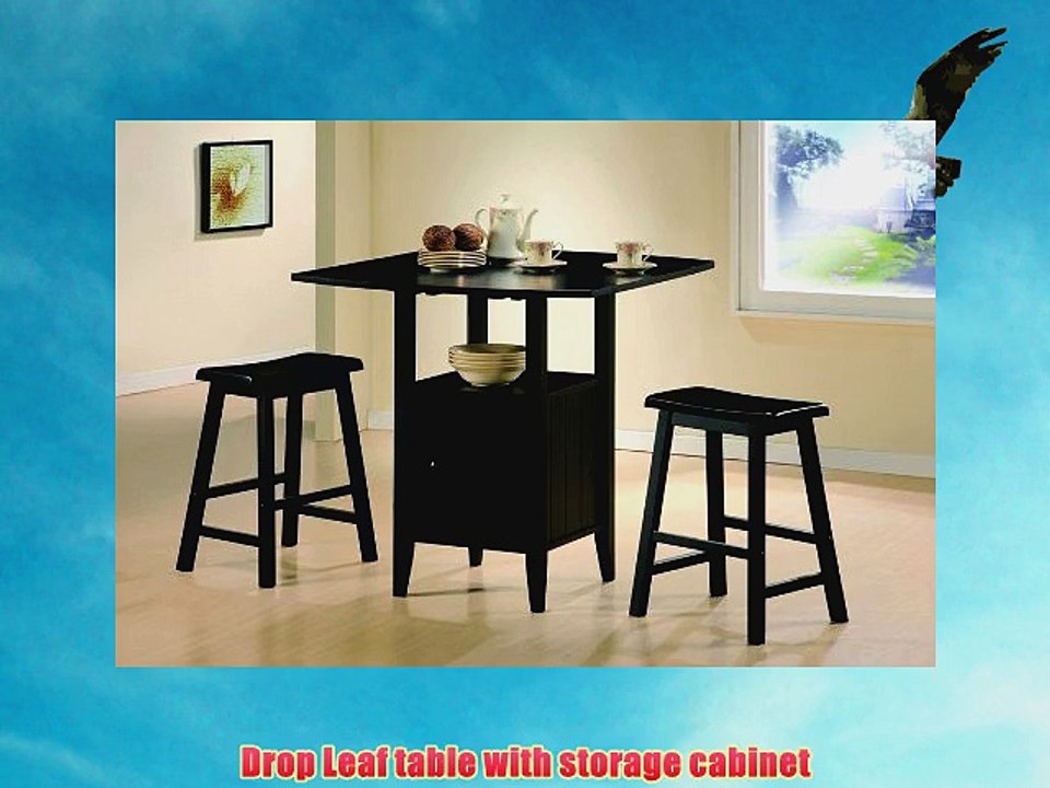 3 Pc Black Finish Counter Height Drop Leaf Pub Set with Saddle Stools