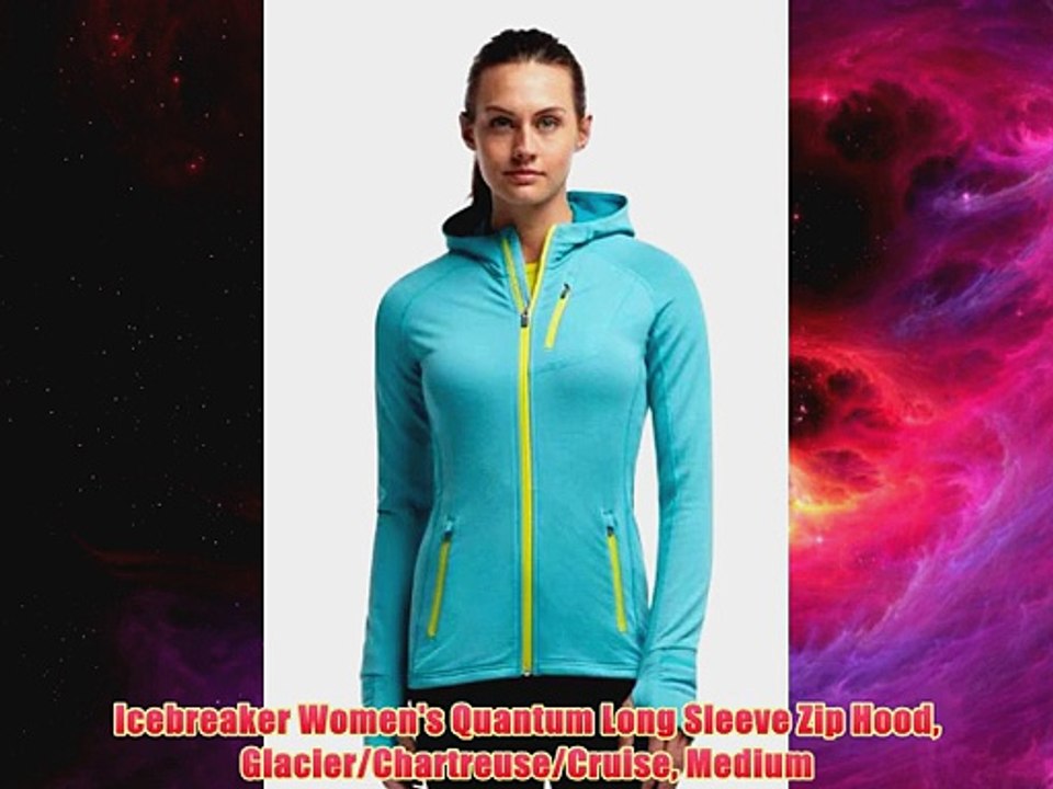 Icebreaker Womens Quantum Long Sleeve Zip Hood GlacierChartreuseCruise Medium