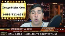 Duke Blue Devils vs. San Diego St Aztecs Free Pick Prediction NCAA Tournament College Basketball Odds Preview 3-22-2015