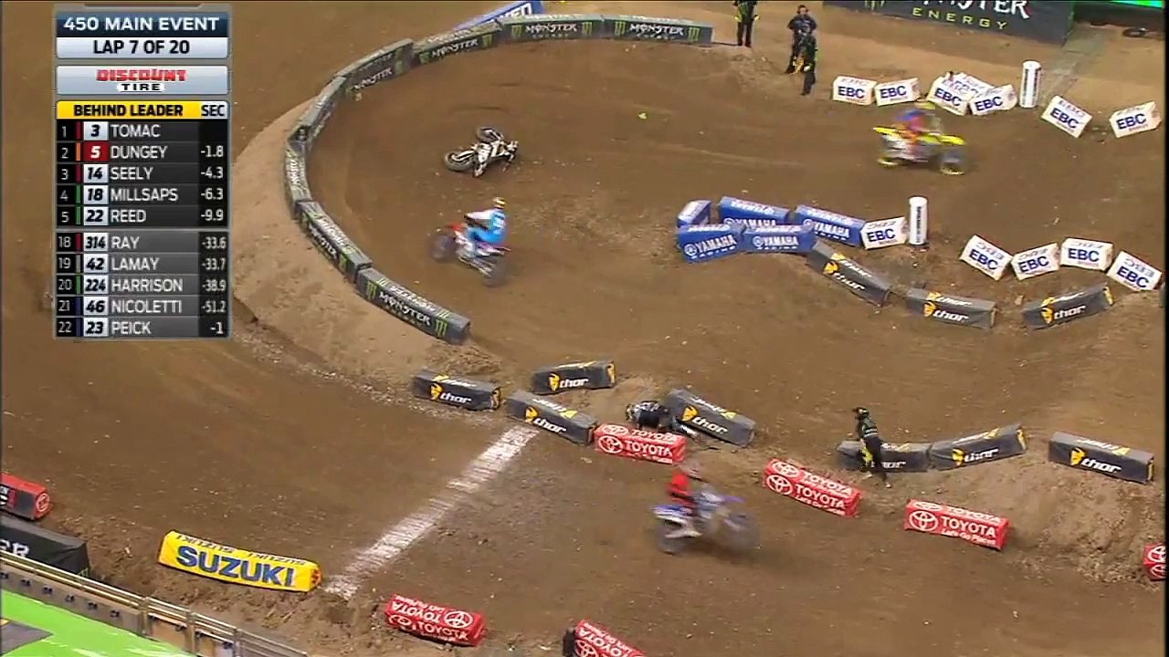 AMA Supercross 2015 Jason Anderson Clips Foot and Flies Off Bike