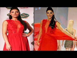 Hot Gal Nargis Fakri In Sexy Red Dress On Ramp For SIFW 2013