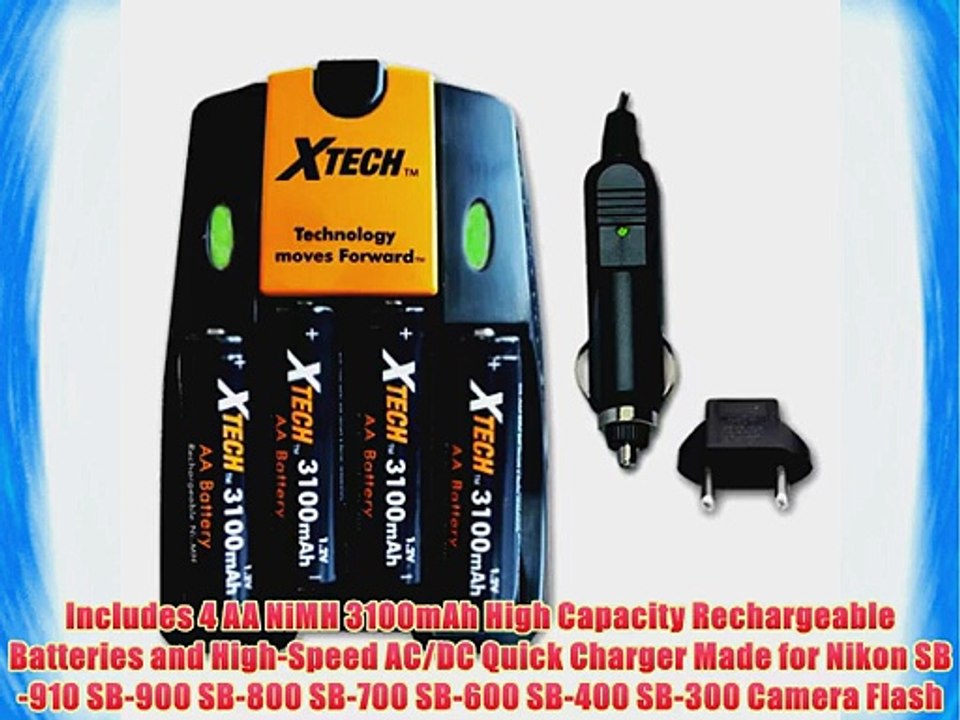 Xtech High Speed AC/DC Charger plus 4 AA NiMH 3100mAh High Capacity Rechargeable Batteries