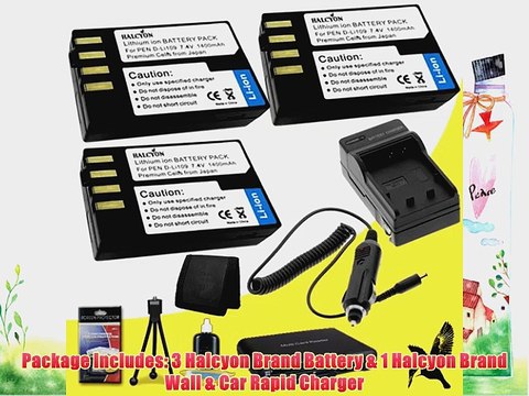 Three Halcyon 1400 mAH Lithium Ion Replacement D-LI109 Battery and Charger Kit Memory Card