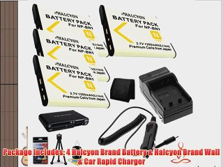 Four Halcyon 1200 mAH Lithium Ion Replacement NP-BN1 Battery and Charger Kit   Memory Card