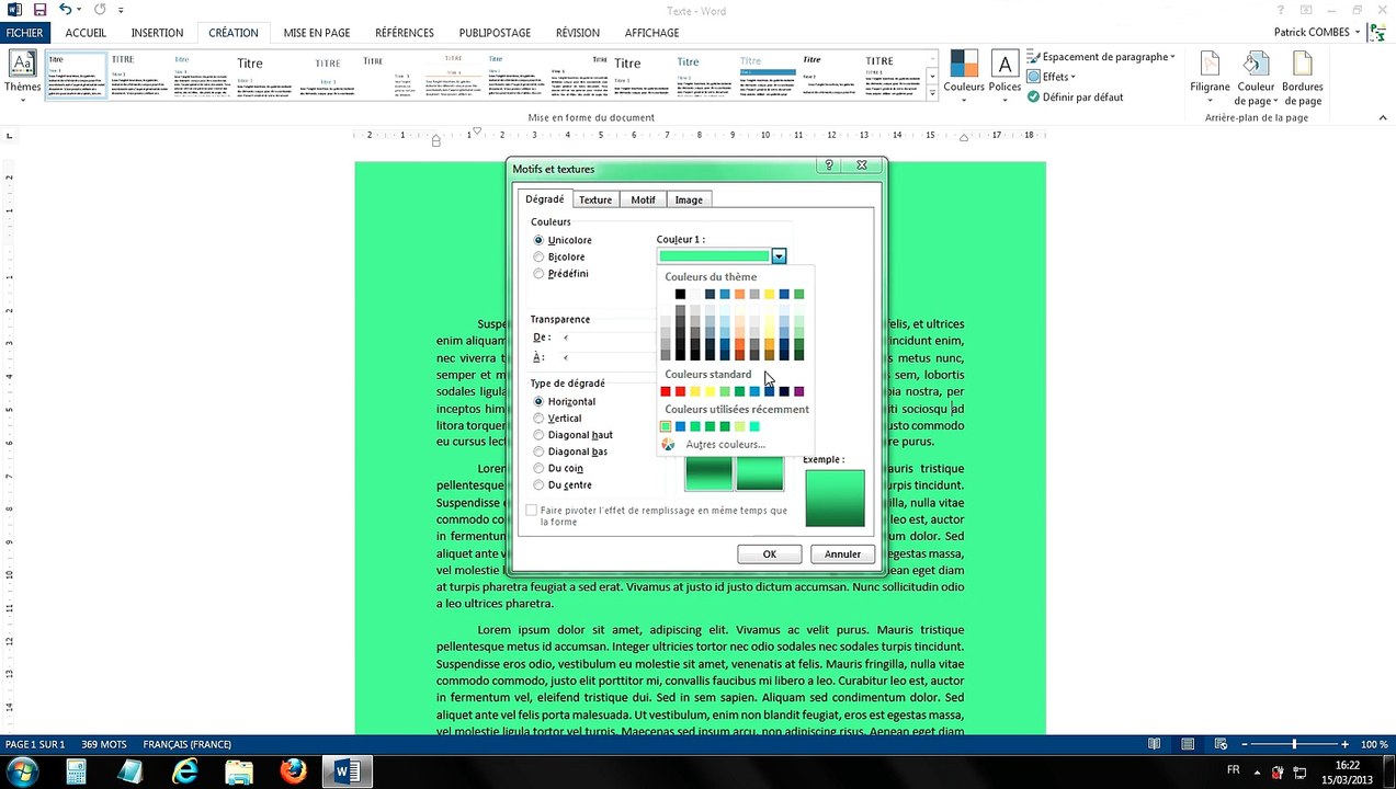 Tuto - Word 2013 - Personnaliser la couleur, texture de la page