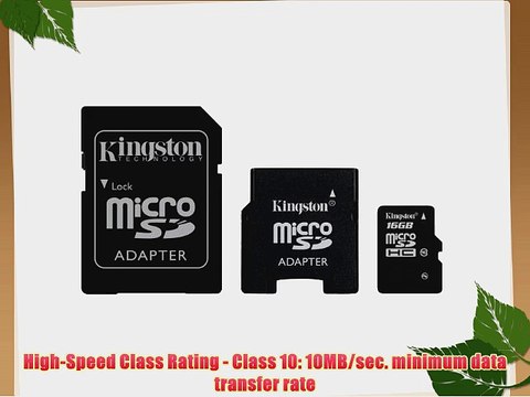 Kingston 16 GB Class 10 MicroSD Flash Card with 2 Adapters (Mini and SD) SDC10/16GB-2ADP